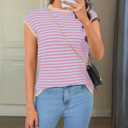 Cap Sleeve Tops for Women Summer Striped Short Sleeve Sweater Top Crew Neck Sleeveless Vest Spring Going Out Shirts (Medium, Pink)