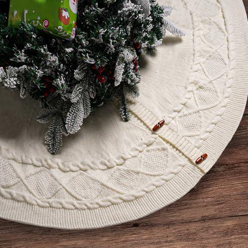 KCFESTIHUE Christmas Tree Skirt, 36 Inch Cable Knit Pattern, Luxury Xmas Holiday Decoration, Thick Rustic Fabric, Home Party Décor White