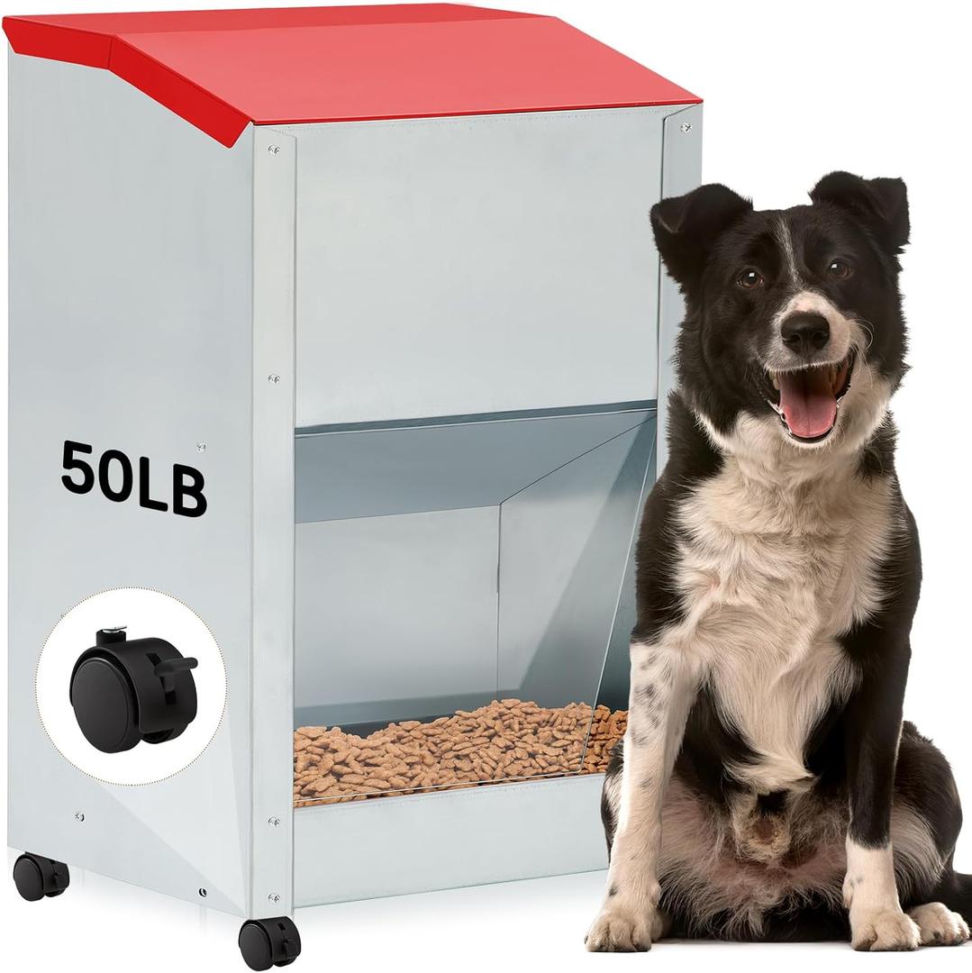 50 lb Automatic Dog Feeder for Large Breed with Wheels Galvanized Gravity Dog Food Dispenser Outdoor Pet Self Feeding, Easy to Move with Rolling Wheels