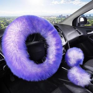 Car Steering Wheel Cover Gear Shift Handbrake Fluffy Cover for Women/Ladies Pure Wool Universal Fit 15 Inch 1 Set 3 Pcs (Purple)