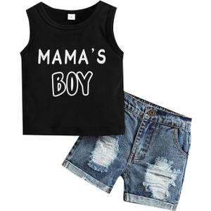 Toddler Baby Boys Summer Outfit Set Sleeveless Vest Mama's Boy Embroidery Clothes Tank Tops with Ripped Denim Shorts