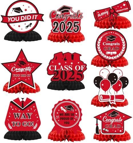 Graduation Decorations 2025, 10PCS Graduation Centerpieces for Table Red Black Graduation Party Decorations Class of 2025 Congrats Grad Honeycomb Centerpieces Table Decor for Graduation Party Supplies