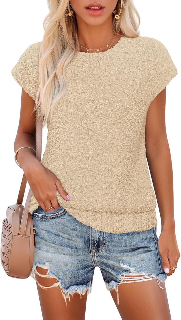 MEROKEETY Women's Fall Fuzzy Fleece Sweater Vest Cozy Cap Sleeve Crew Neck Pullover Knit Tops (Beige, XL)