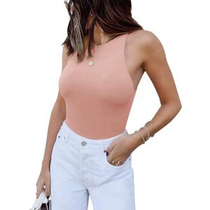 REORIA Butsmooth Womens Basic Sexy Sleeveless Racer Back Halter Neck Bodysuit Tank Tops (Small, Pink)