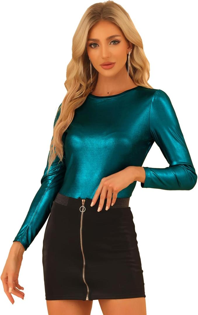 Allegra K Halloween Metallic Shirts for Women's Sparkly Disco Party Shiny Tops (X-Large, Blue)