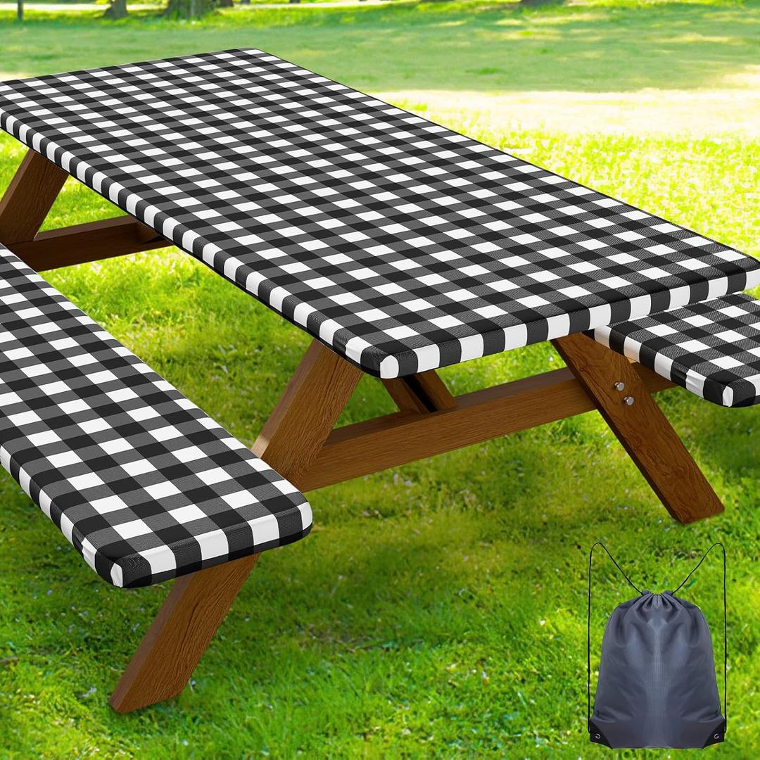 Smiry Picnic Table Cover with Bench Covers, Waterproof Elastic Fitted Tablecloths for 6 Foot Rectangle Tables, Washable Buffalo Plaid Tablecloth for Camping, Outdoor (Black & White, 30"x72")