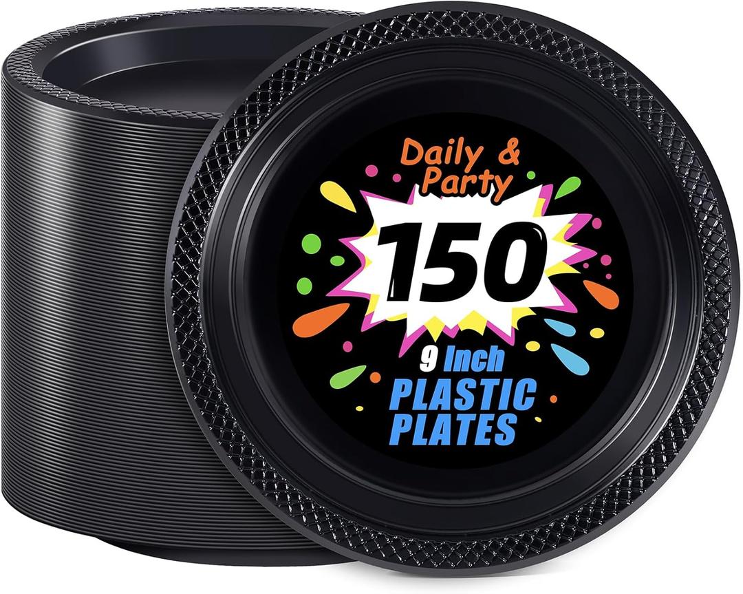 WELLIFE Black Plastic Plates 9 Inch -150 Count for Party, Plastic Disposable Dinner Plates for Halloween Picnic BBQ