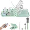 Bottle Brush Set -Baby Travel Essential-6 in 1 Bottle Cleaner Kit with Silicone Bottle Brush,Nipple Cleaner Brush,Straw Brush,Soap Dispenser,Storage Box,Bottle Drying Rack for Home and Travel (Green)
