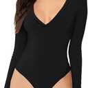 BONITEE Women Sexy Deep V Neck Bodysuit Casual Long Sleeve Bodysuits Slim Fit Thong Clothes, Size: XL