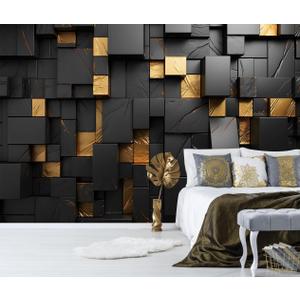 Black Gold Geometric Wallpaper Peel and Stick 3D Large Self Adhesive Wall Mural for Living Room 137"x100"
