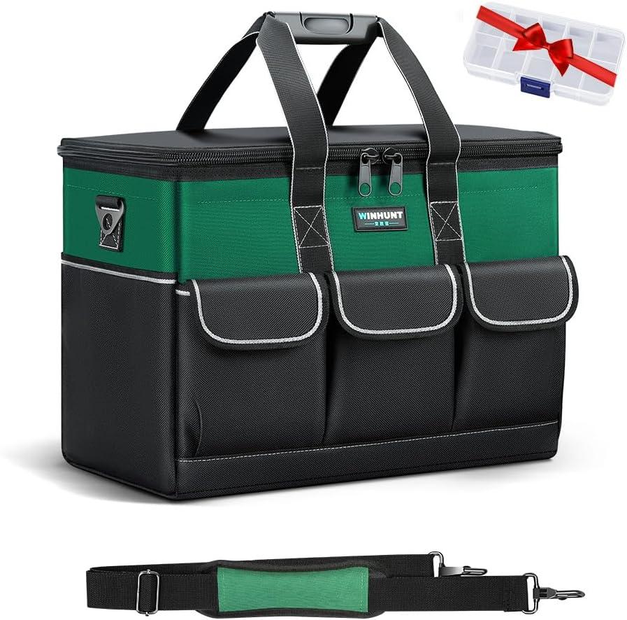 Tool Bag, 14-inch Wide Mouth Tool Storage Organiser, 600 Denier with 6 Interior 8 Exterior Pockets for Home DIY & Equipment Storage, Green and Black (14 inch)