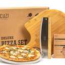 Cuzi Gourmet 4-Piece Large Pizza Stone Set - 13" Thermal Shock Resistant Cordierite Pizza Stone with Handle Rack, 19" Natural Bamboo Pizza Peel & Pizza Cutter - Large Baking Stone for Grill and Oven