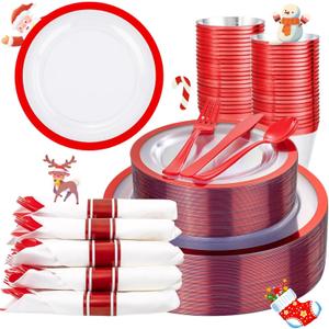 Liacere 350PCS Clear and Red Plastic New Year Plates and Napkins for 50Guests Plastic Dinnerware Set:100 Red Disposable Plates 50 Pre Rolled Napkins with Cutlery,50 Cups for PartyChristmas
