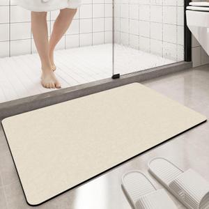 Diatomaceous earth bath mat Rubber Non Slip Super Absorbent Bath Mat Quick Dry Bathroom Rugs Thin Bathroom Floor Mats Fit Under Door- Shower Rug for in Front of Bathtub Shower,Beige, 15.7"*31.4"