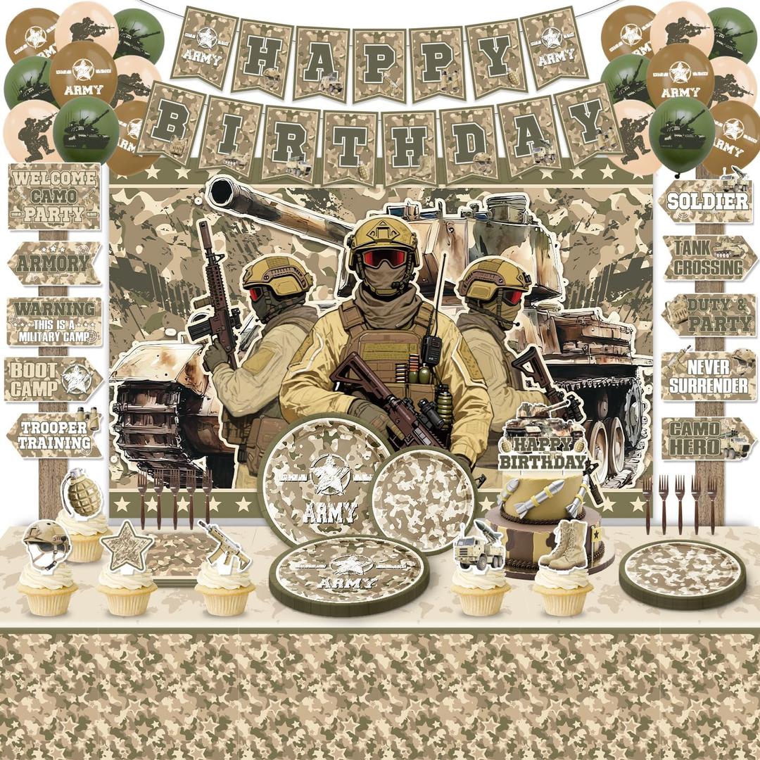 Army Military Party Decorations ,Camouflage Birthday Party Supplies, Soldier Plates Napkins Set Camo Hero Balloons,Backdrop,Banner, Cake Toppers,Tableware, Tablecloth,Forks,Directional Party Signs