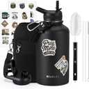 64 oz Insulated Water Bottle with Straw (Cold for 48 Hrs), Half Gallon Stainless Steel Triple Wall Vacuum Sports Water Jug, Leakproof Hydro Cup Flask with Straw Spout Lids & DIY Stickers (Black)