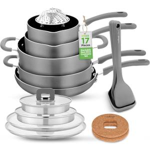 NutriChef 17-Piece Space Saver Cookware Set - Gray Non Stick Pots and Pans with Stackable Design, Foldable Handles, Induction Ready