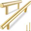 QOGRISUN 5-Pack Solid Brass Cabinet Pulls, Gold Euro Style T Bar Handles, 3-Inch Hole Center for Kitchen Drawer Dresser Cupboard, 4.9-Inch Total Length, Brushed Brass Finish