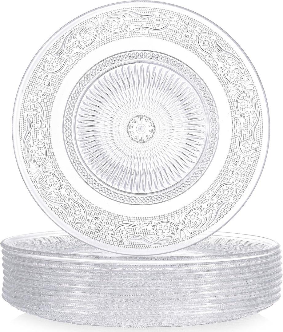 10 Pcs 11.8 Inch Acrylic Crystal Dinner Plates, Clear Round Plastic Serving Platter Trays Vintage Dragon and Phoenix Embossed Dinnerware for Serving Food Salad Pasta Fruit Home Party Wedding