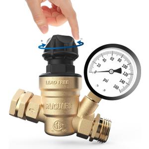 RVGUARD RV Water Pressure Regulator Valve With An Adjustable Knob, Tool-Free, CSA Approved, Lead-Free Brass Water Pressure Reducer with Gauge and Inlet Screen Filter for RV Camper Travel Trailer