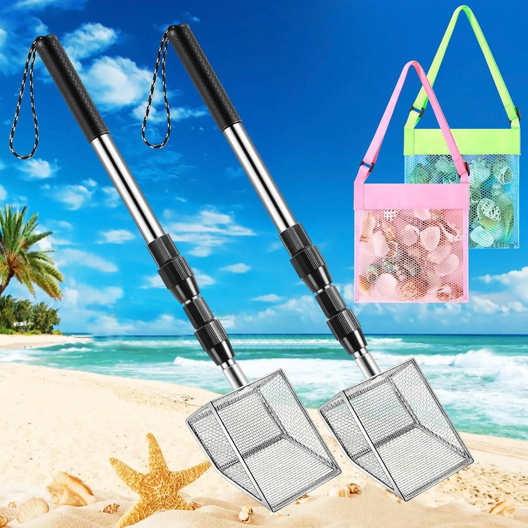 4pack Shark Tooth Sifter, Shell Scooper for Beach with Seashell Bags, Retractable Long Handle Sand Dipper Shovel Tool for Adults and Kids, Shark Teeth Scoop for Picking Up Shells and Rocks
