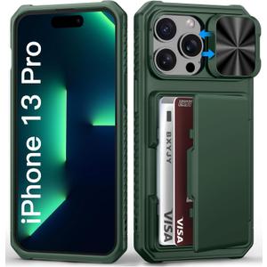 BXYJY for iPhone 13 Pro Case with Camera Cover, Card Holder (45 Cards), Military Grade Drop, RFID Block, Rugged Shockproof Heavy Duty Women Men Phone Case for iPhone 13 Pro, Green