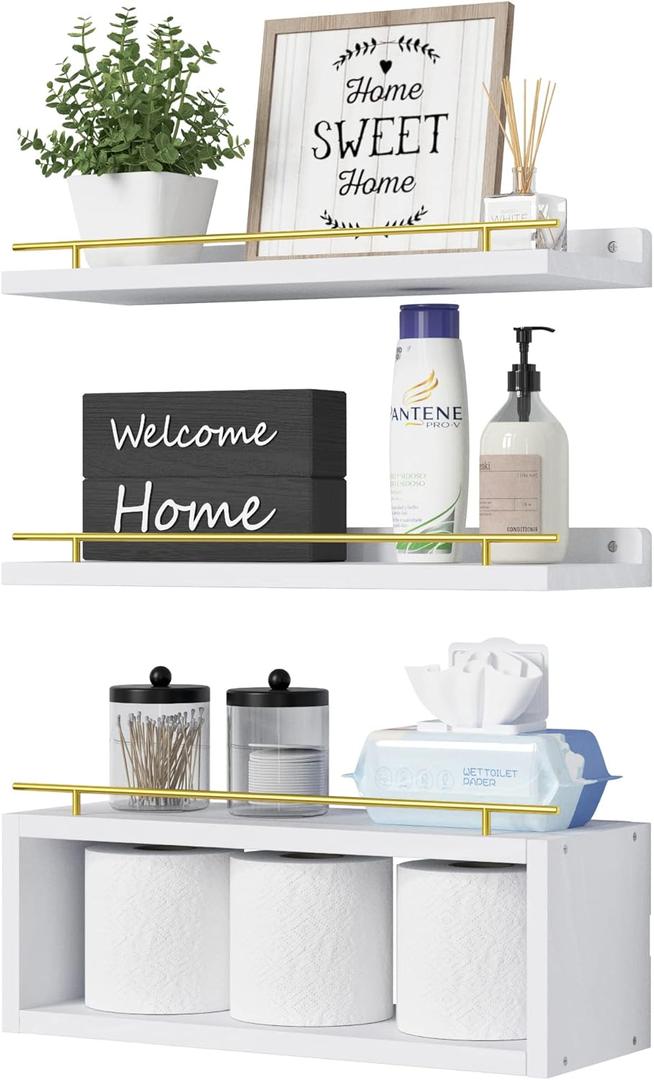 WOPITUES Floating Shelves for Wall with Cube Shelf, Wall Shelves with Metal Rail for Decor, Bathroom Organizers and Storage, Over Toilet Shelves for Bathroom, Toilet Paper-White&Gold (15.7 inch)