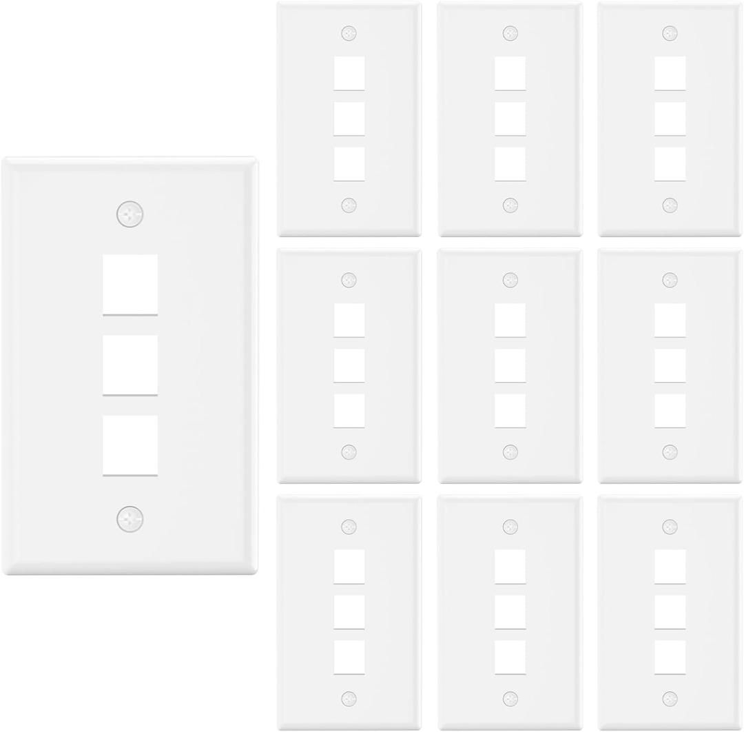 VCE 3-Port Keystone Wall Plate UL Listed (10-Pack), Single Gang Wall Plates for RJ45 Keystone Jack and Modular Inserts, White