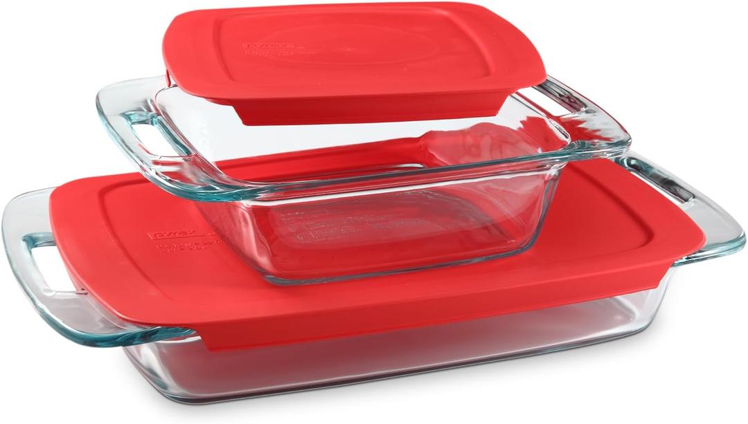 Pyrex 4-Piece Extra Large Glass Baking Dish Set With Lids and Handles, Oven and Freezer Safe (2 QT, 3 QT)