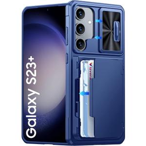 Vizvera for Samsung Galaxy S23 Plus Case Wallet, RFID Cards Holder (4 Cards) & Camera Cover & Kickstand for Women Men, Full Body Shockproof Silicone Case for S23 Plus 6.6"-Blue