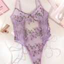 Lilosy Plus Size Women Sexy Lace Up Floral Embroidered Teddy Babydoll Lingerie Bodysuit Top Mesh Sheer One Piece See Through Butterfly Light Purple 3X-Large