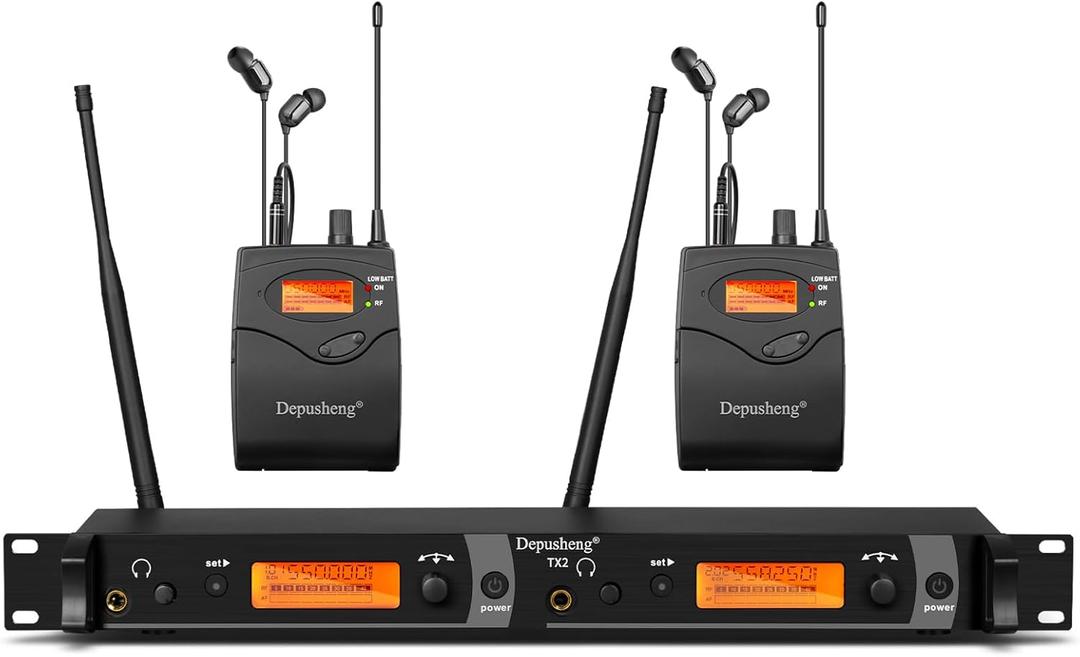 Depusheng TX2 Wireless in Ear Monitor System, 2-Channel Wireless IEM System, Metal IEM w/ 2 Bodypacks, Rack Mount