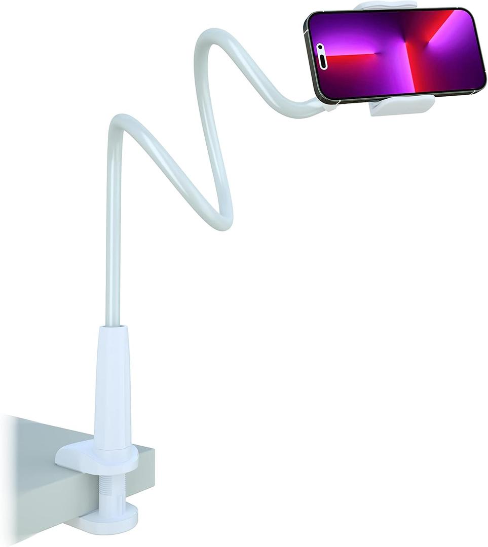 Cell Phone Clip Bed Stand Holder, with Grip Flexible Long Arm Gooseneck Bracket Mount Clamp for Desk, Compatible with iPhone 14 Pro Max XR X 8 7 6 or Other 3.5-7" Devices (White)