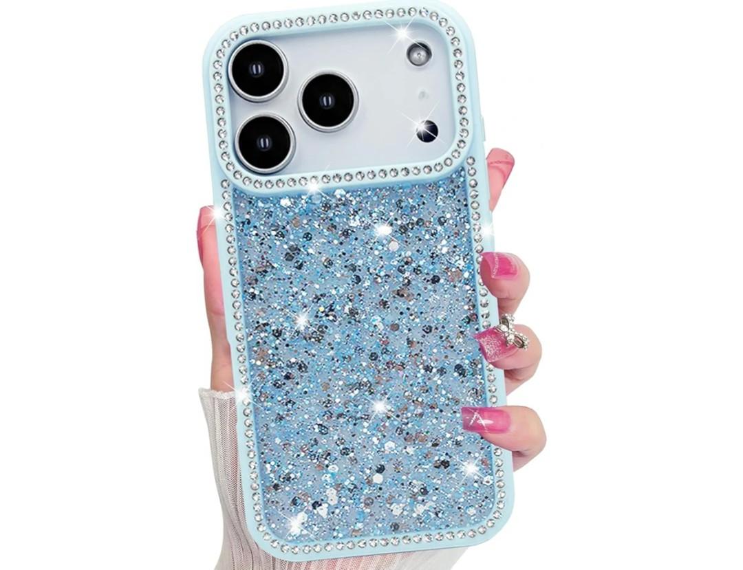 EYZUTAK for iPhone 17 Pro Case, Luxury Bling Shiny Glitter Sequin Phone Case with Sparkly Crystal Diamonds Rhinestone Border Aesthetic Cute Slim Soft Durable TPU Protective Cover for Women, Girls, Blue