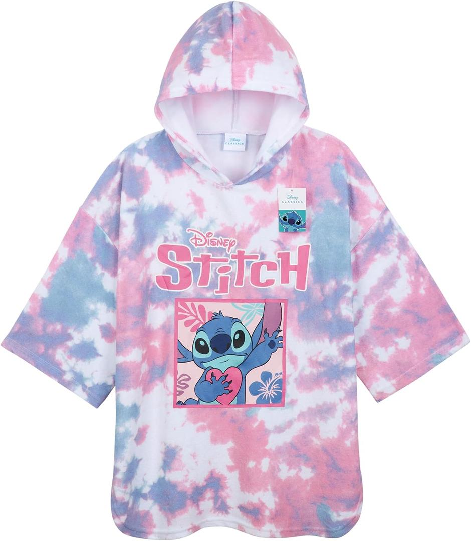 Disney Stitch Bath Towel with Hood for Kids Teenagers Absorbent Cozy Poncho Hooded Beach Towel Wrap for Beach Pool Swimming Bath Vacation Essentials (Pink/Blue Stitch, 10-13 Years)