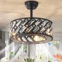 Black Caged Crystal Ceiling Fan with Light 18" Modern Bladeless Ceiling Fan with Remote Control, 6 Speed Fandelier with Reversible Motor for Bedroom Dining Room Kitchen