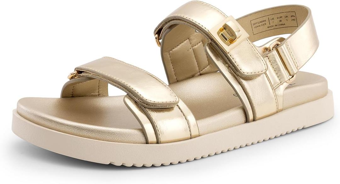 DREAM PAIRS Women's Comfortable Open Toe Flat Sandals Fashion One Band Summer Dessy Sandals (9, Gold-metallic)