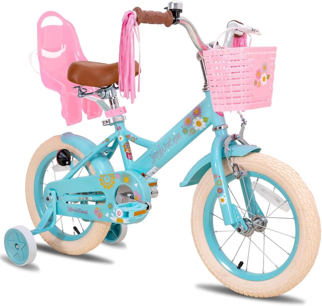JOYSTAR Little Daisy Kids Bike for Girls Boys Ages 2-7 Years, 12 14 16 Inch Girls Bikes with Doll Bike Seat & Streamers, Boys Bike with Flag & Number Plate, Multiple Colors, 14 Inch With Training Wheels