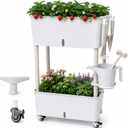 2-Tier 27.8"H Rolling Raised Garden Bed with Wheels, Self Watering Planter Box with Visible Water Level, Gray Rustproof Plastic Herb & Strawberry Planter for Indoor Outdoor Vegetables Flowers, DIY Kit