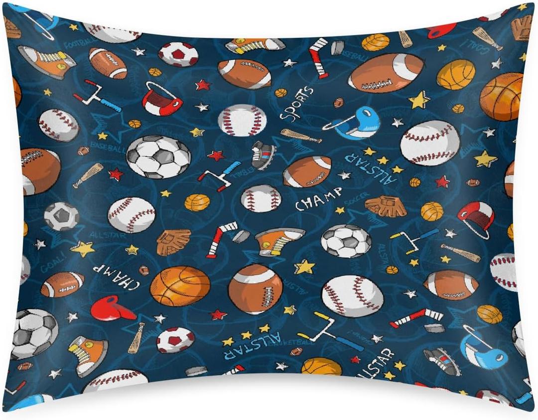 Satin Pillowcase for Hair and Skin Cartoon Baseball Football Sport Soft Silk Pillow Case with Envelope Closure Cooling Pillow Cases Slip Standard Size Pillow Cover for Women Men Kids Boys Girls 20x26