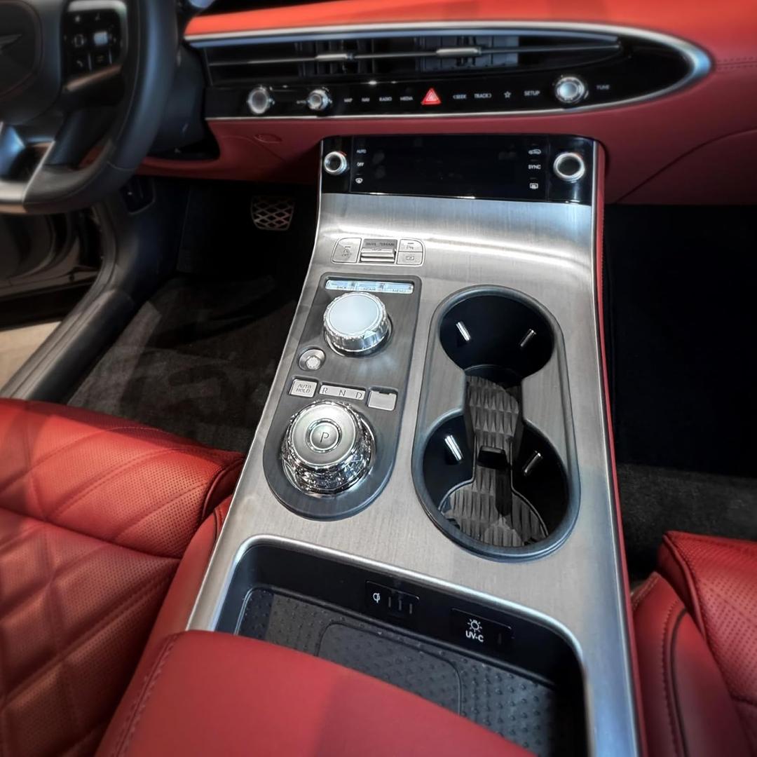 ABS Central Gear Shift Panel Cover Center Control Water Cup Holder Cover Trim Center Console Gear Shift Panel Cover Compatible with Genesis GV70 2026 [PE] Accessories (Wood Grain Style)