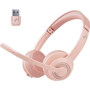 JIAMQISHI Wireless Headset with AI Noise Cancelling Microphone Bluetooth Headset - Bluetooth V5.2 Headphones with USB Dongle & Mic Mute for Computer/Laptop/PC/iPhone/Android/Cell Phones (Pink)