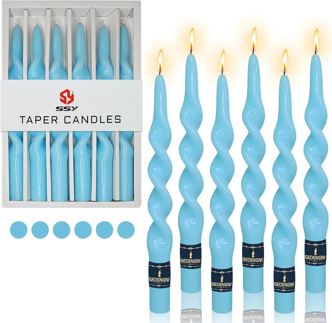 Spiral Taper Candle Twist Candlesticks, Gedengni 10inches Long Tapered Candle Blue Candle Sticks Colorful Twisted Candles for Wedding Home Dinner Party Women Gift, Pack of 6 (1D6P-BLUE) (9.8INCH)