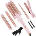 5 in 1 Wand Curling Iron-Curling Wand Set with Hair Straightener, 3 Barrels Hair Crimper Iron, 3 Ceramic Curling Irons (0.35 "-1.25"), 2 Temps Fast Heat Hair Curler Waver with Glove & Clip-Light Pink