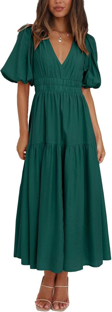 Women's Summer Deep V Neck Puff Short Sleeve Tiered Maxi Dress Flowy A Line Long Dresses (Green, L)