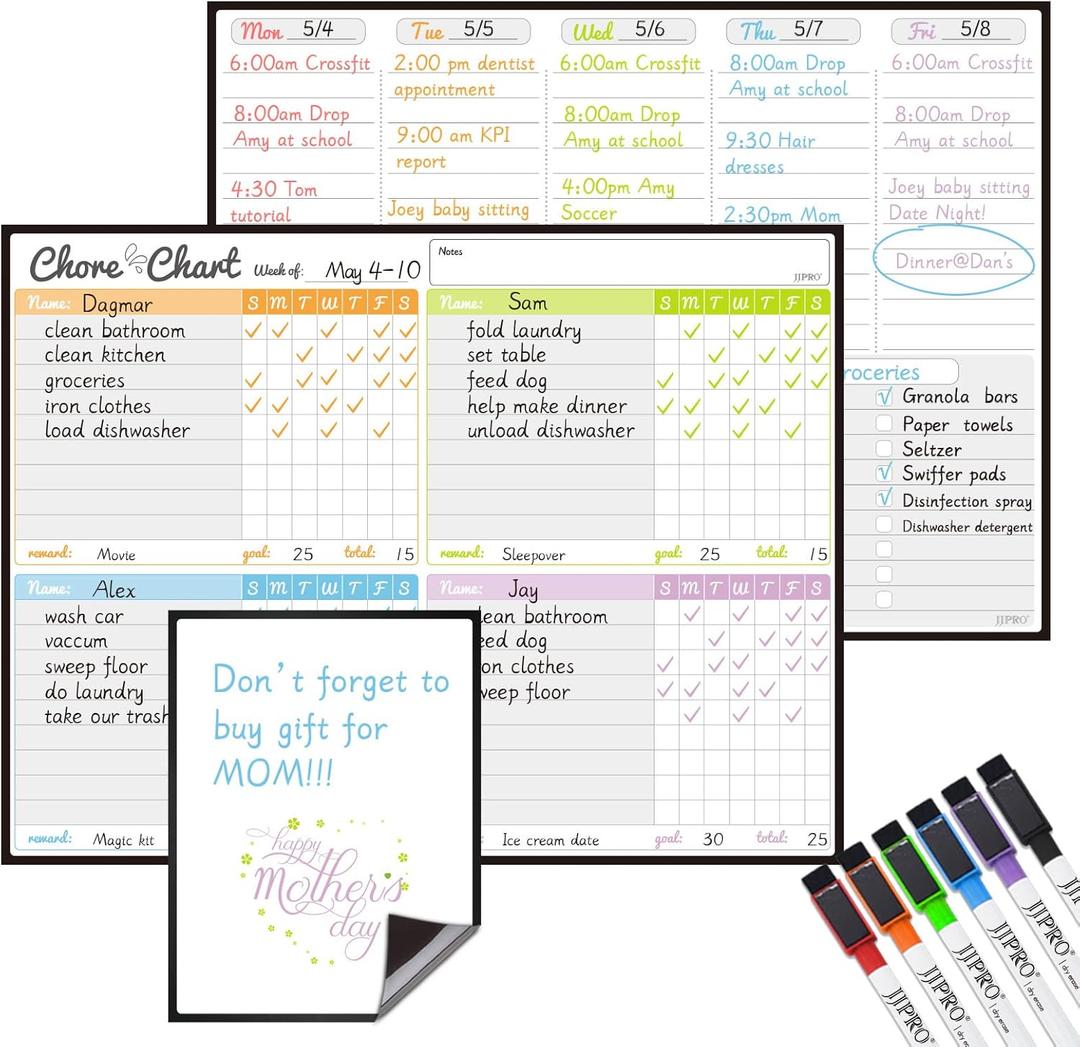 JJPRO Magnetic Dry Erase Chore Chart and Weekly Calendar Set for Fridge-Chore Chart for Multiple Kids,Weekly Planner Board,Family Chore Chart for Multiple Kids&Adults,Bonus to-do Whiteboard