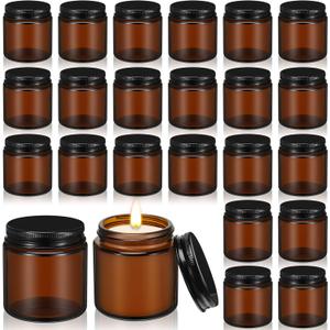 Zhehao 24 Pcs Glass Candle Jars with Lids Bulk, Round Empty Candle Container Tins, Dishwasher Safe and Leakproof DIY Crafts(Amber, Black,4 oz)