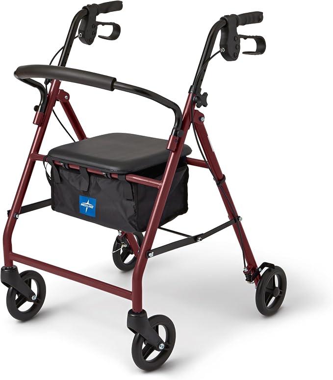 Medline Steel Rollator Walker with Seat, Burgundy, 350 lb. Weight Capacity, 6” Wheels, Foldable, Adjustable Handles, Rolling Walker for Seniors, Walker for Mobility Impaired (Incomplete)