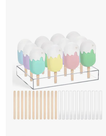Gejoy Cakesicle Stand Display 12 Holes Acrylic Cake Pop Stand with 12 Pcs Reusable Acrylic Sticks and 50 Pcs Wooden Sticks Clear Ice Holder for Dessert Table Birthday Wedding