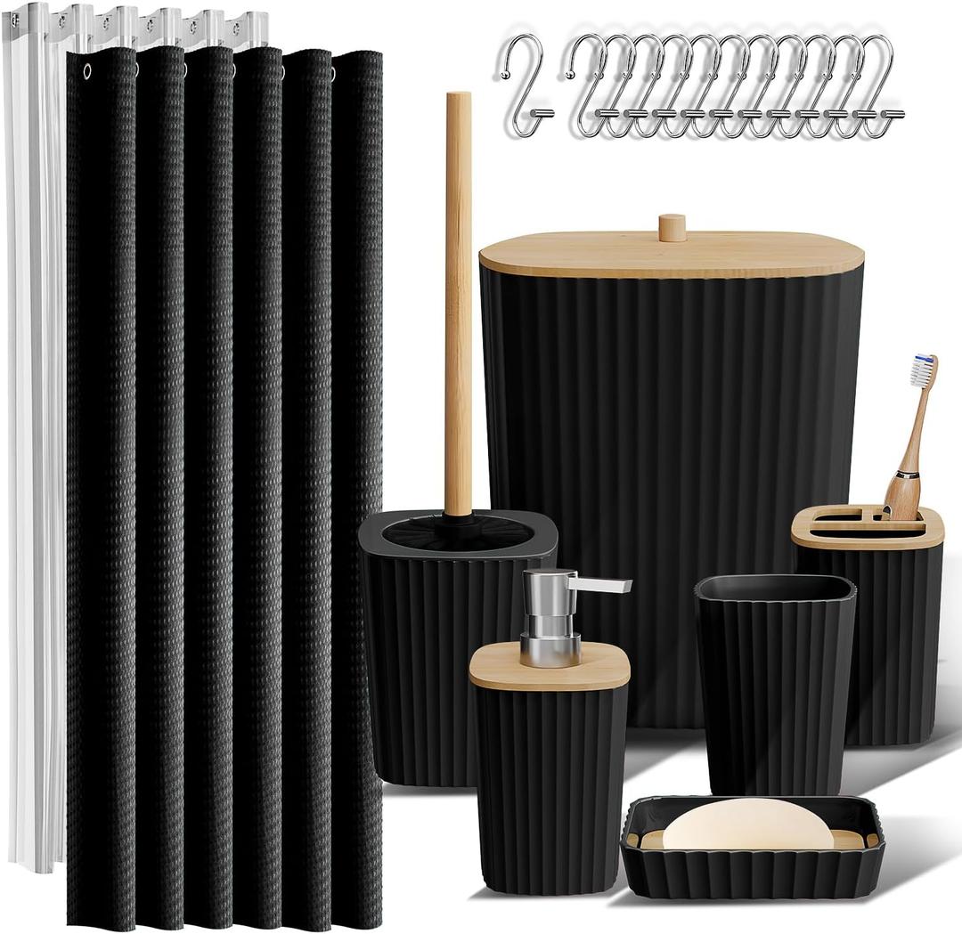 Clara Clark Bathroom Accessories Set - Bathroom Set, Bathroom Accessory Set, Shower Curtain Set, Toilet Brush, Can & Soap Dispenser - Black - 20PC